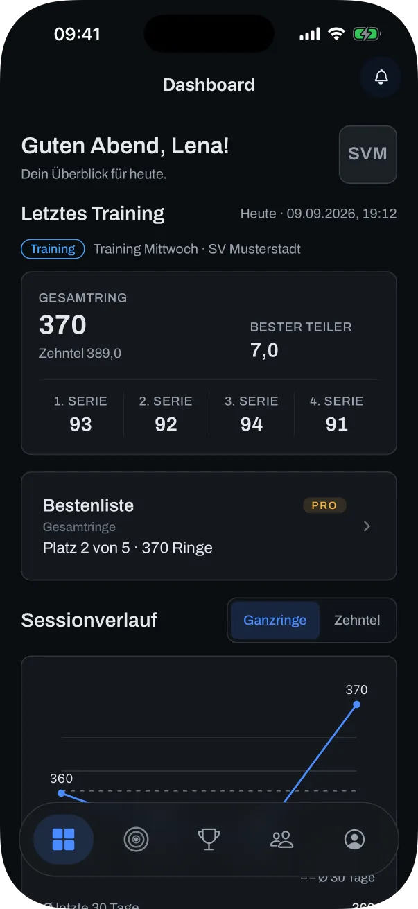 Das Dashboard der App mit dem letzten Training, dem Platz in der Bestenliste und dem Verlauf (Beispieldaten).
