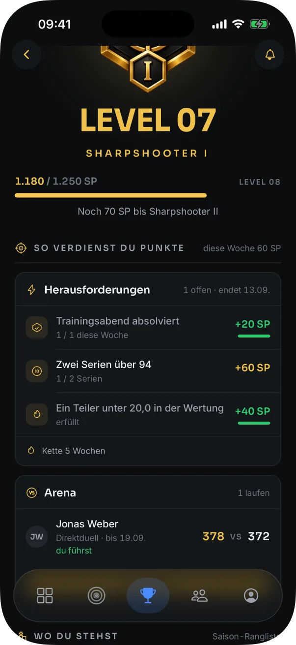 Der TargetPass: Level 7, die Herausforderungen der Woche mit ihren Punkten und ein laufendes Duell in der Arena (Beispieldaten).